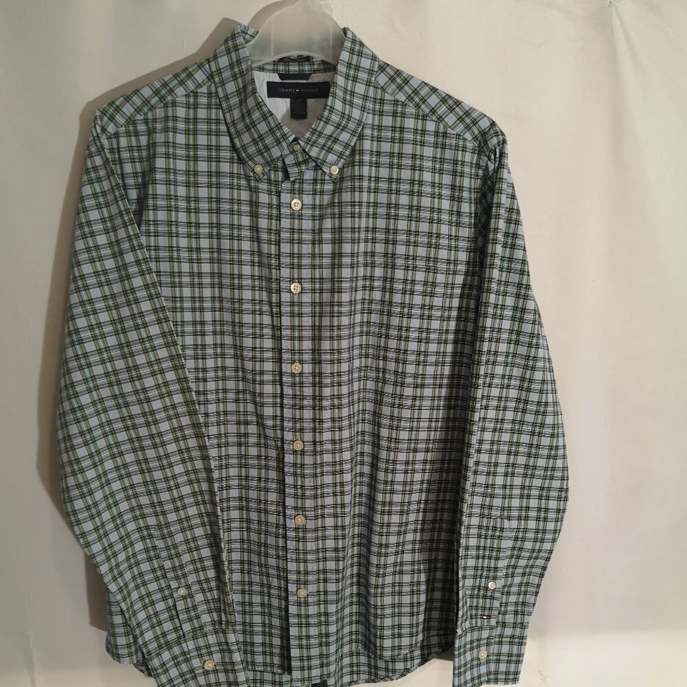 Tommy Hilfiger Men's Size Large Blue Green Yellow Black Button Front Shirt